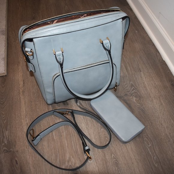 Handbags - Blue Gray Purse Gold Accents